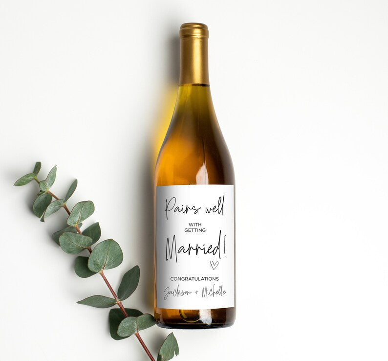 
            
                Load image into Gallery viewer, Custom Engagement Wine Bottle Label, Pairs Well with getting Married Stickers, Cute Congrats Labels, Personalized Labels, Bride and Groom
            
        