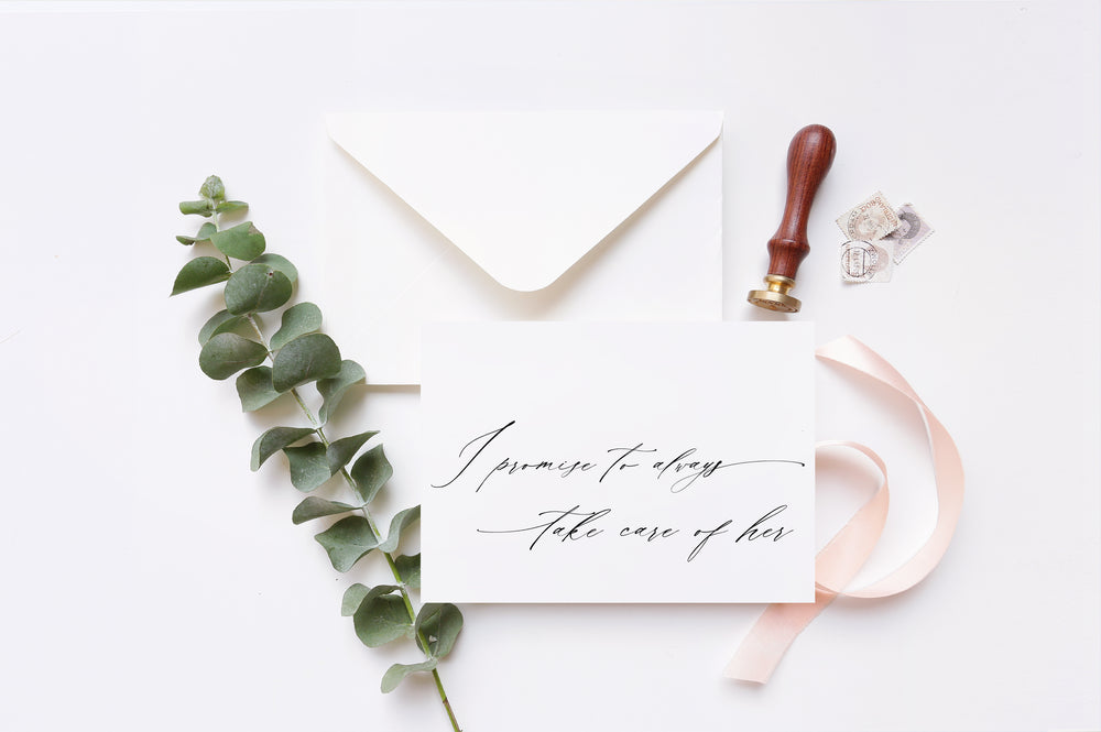 
            
                Load image into Gallery viewer, Calligraphy &amp;quot;I Promise to Always Take Care of Her&amp;quot; Wedding Day Card for Parents in Law
            
        