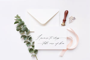 
            
                Load image into Gallery viewer, Calligraphy &amp;quot;I Promise to Always Take Care of Him&amp;quot; Wedding Day Card for Parents in Law
            
        