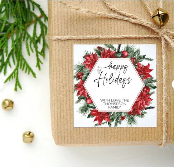 
            
                Load image into Gallery viewer, Happy Holiday Gift Label Stickers, Christmas Rustic Woodland Wreath, Square Labels, Envelope Seals, Xmas Present Card Tags, Personalised
            
        
