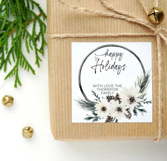 
            
                Load image into Gallery viewer, Happy Holiday Gift Label Stickers, Christmas Rustic Woodland Wreath, Square Labels, Envelope Seals, Xmas Present Card Tags, Personalised
            
        