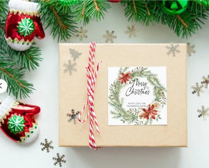
            
                Load image into Gallery viewer, Merry Christmas Gift Label Stickers, Traditional Rustic Woodland Wreath, Square Labels, Envelope Seals, Xmas Present Card Tags, Personalised
            
        