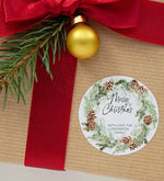 Christmas Gift Label Stickers, Merry Christmas Round Labels, Circle Christmas Red Wreath, Envelope Seals, Xmas Present Tags, Personalised