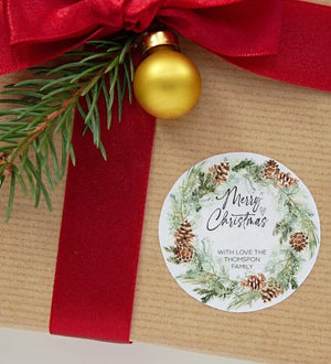
            
                Load image into Gallery viewer, Christmas Gift Label Stickers, Merry Christmas Round Labels, Circle Christmas Red Wreath, Envelope Seals, Xmas Present Tags, Personalised
            
        
