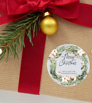 
            
                Load image into Gallery viewer, Christmas Gift Label Stickers, Merry Christmas Round Labels, Circle Christmas Red Wreath, Envelope Seals, Xmas Present Tags, Personalised
            
        