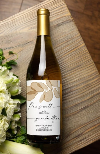 
            
                Load image into Gallery viewer, Pregnancy Announcement Wine Label, Pairs Well With Becoming a Grandmother to Be Gift, Baby Announce, Pregnant Reveal Wine Bottle Stickers
            
        