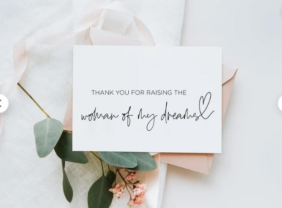 
            
                Load image into Gallery viewer, Thank You For Raising The Woman Of My Dreams, Bride Parents, Gift For Mother Of The Bride, Mom Dad Parents in Law, Gift for In Laws Card
            
        