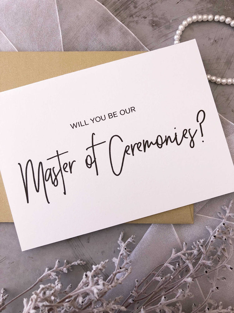 "Will You Be Our Master of Ceremonies?" Black and White Modern Wedding Day Card
